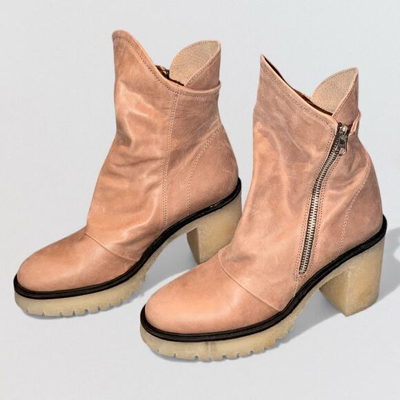 Free People Jack Zip Heel Ankle Boots Spiced Chai Tan Leather 39.5 Lug Sole - Picture 2 of 10